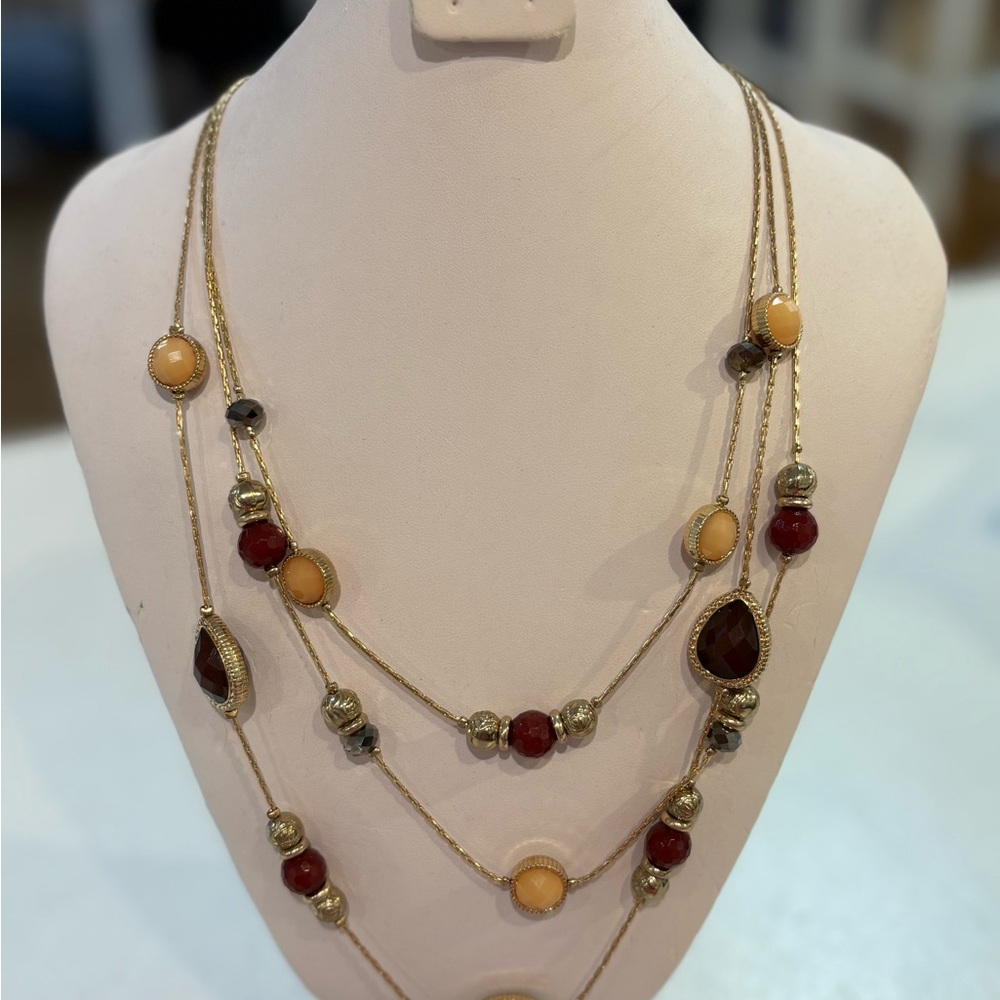 Elegant Multi-Layered Gold and Red Necklace